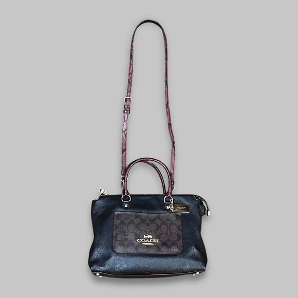 Coach Signature Satchel Crossbody Handbag – Black & Brown with Plum Handles - Picture 2 of 8